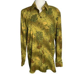 Vintage Microfiber Button Up Shirt M Green Leaves Floral Long Sleeve Collar